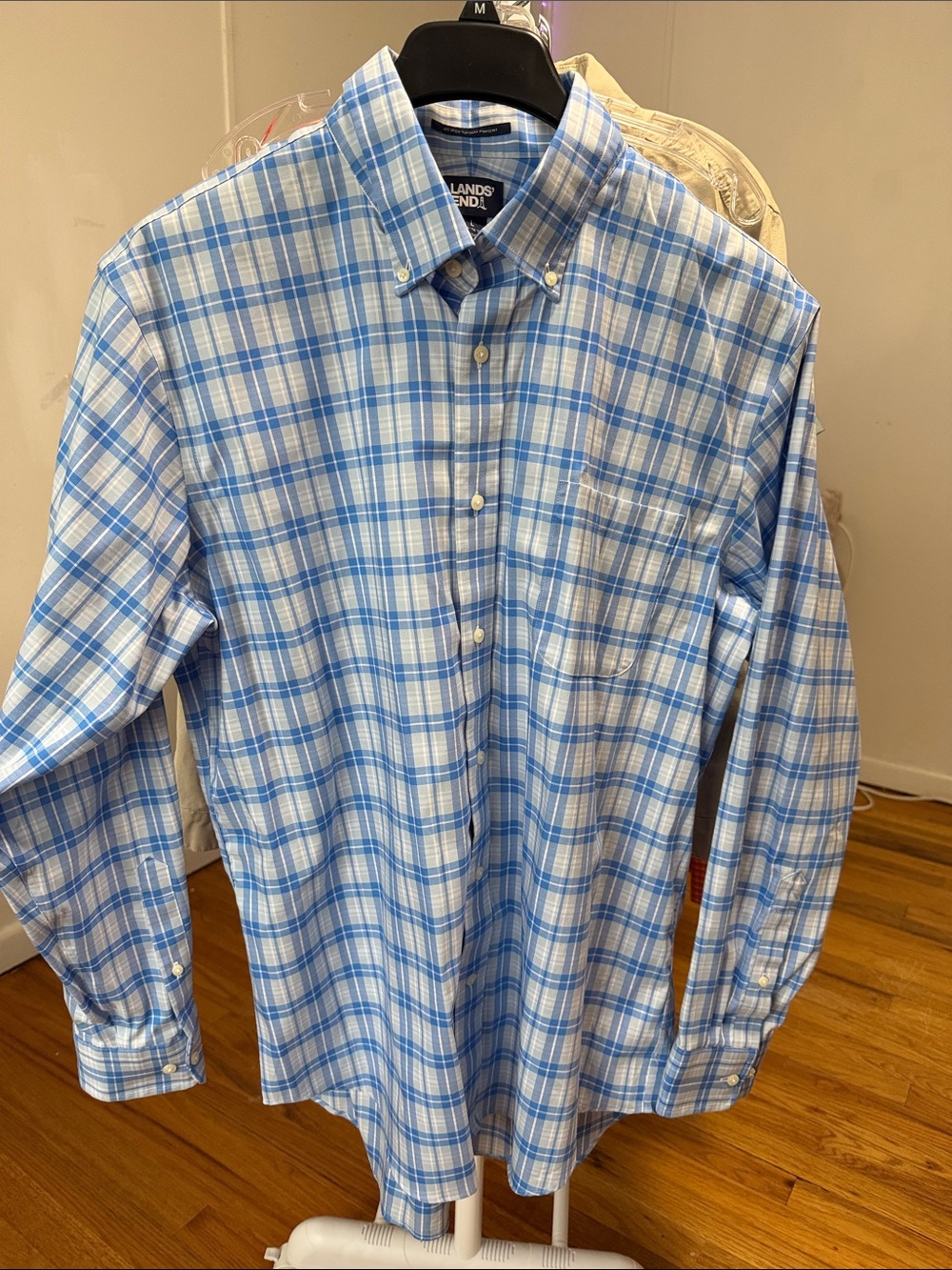 NWOT Lands' End Light Blue and White Plaid Button-Down Shirt